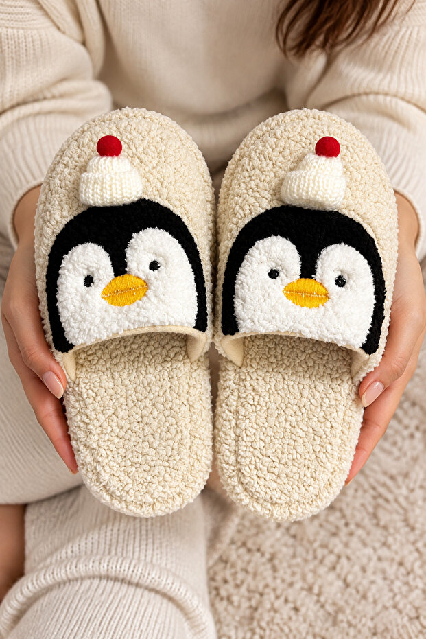 Women's Plush, Soft, Winter House Slippers with Penguin Figure