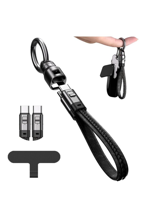 كابل شحن محمول من الجلد بمنفذ USB-C على شكل سلسلة مفاتيح، قصير بقوة 240 واط للشحن السريع ونقل البيانات بسرعة 480 ميجابت في الثانية