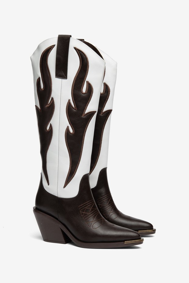 Brown White Matte Leather Embroidered Western Cowboy Boots
