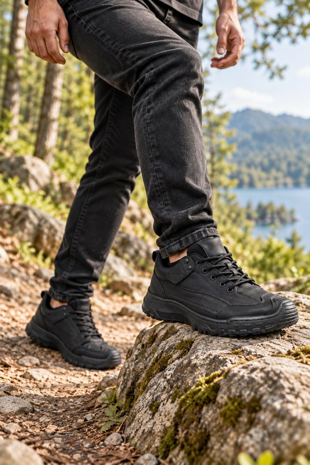 Suara Men's Black Leather Outdoor Trekking Shoes – Durable and Comfortable Casual Shoes