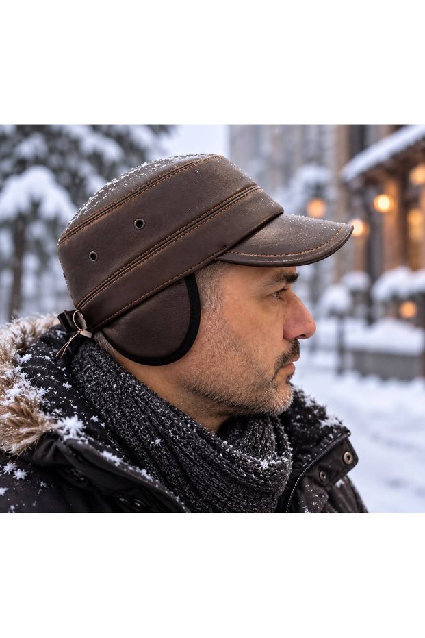 Genuine Leather Castro Model Hat with Earflaps and Fur Inside