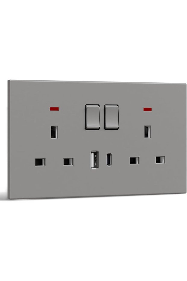 مقبس كهربائي جداري أحادي التبديل، مقبس بريطاني مع منافذ شحن USB C و USB A، مقبس حائط.