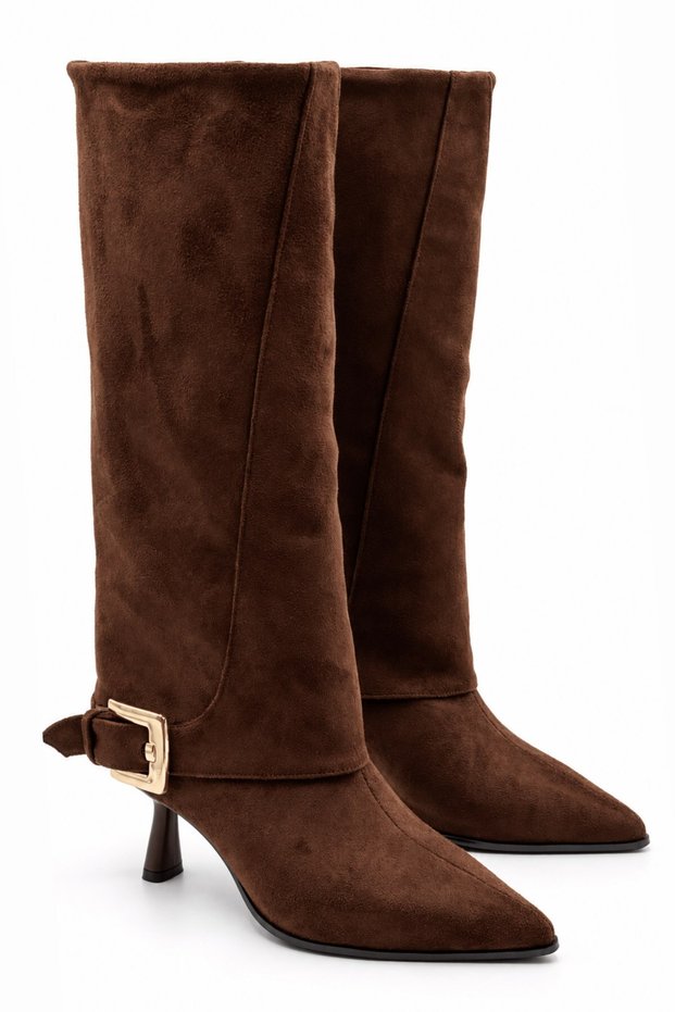 Emay Women's Suede Brown Gold Buckle Bellows Pointed Toe Thin Heel Below the Knee Slouchy Boots 6.5 cm Heel