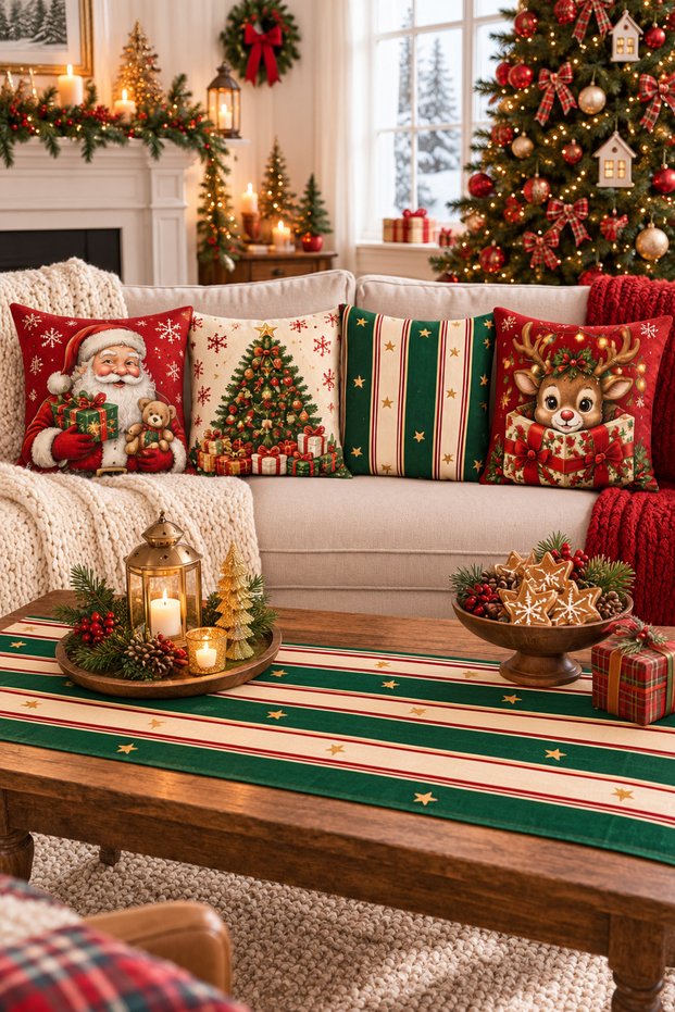 New Year's Throw Pillow Cover Set of 4 with Runner