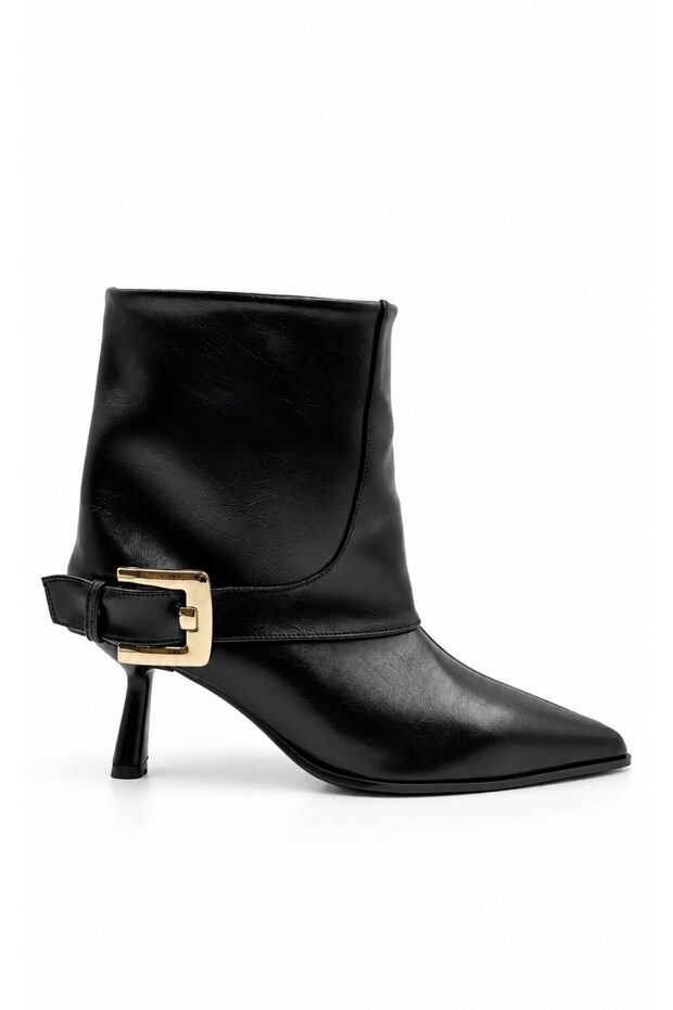 Janet Women's Black Leather Gold Buckle Pointed Toe Goblet Heeled Ankle Length Short Boots