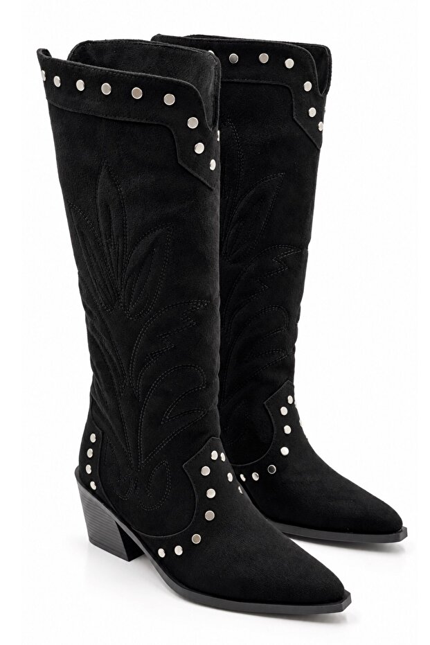 Statice Women's Suede Black Embossed Embroidered Pointed Toe Thick Heeled Below the Knee Cowboy Boots