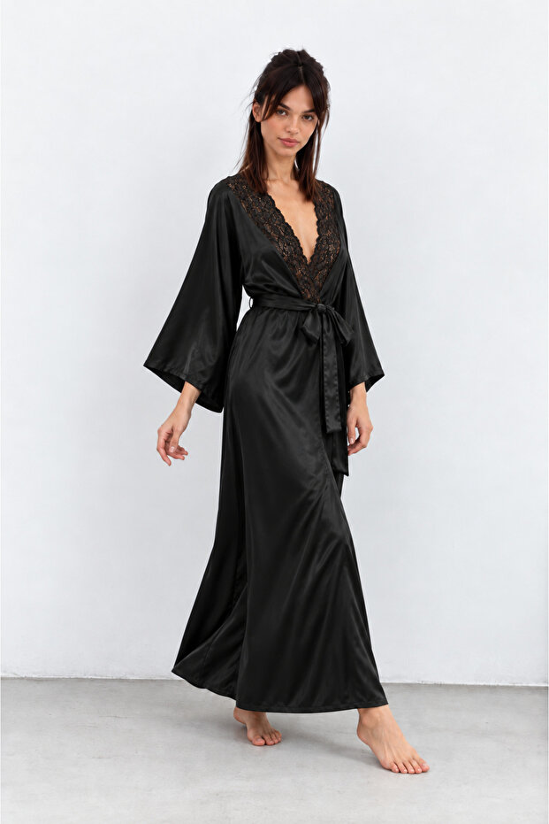 Women's Shoulder Lace Detailed Spanish Style Long Dressing Gown