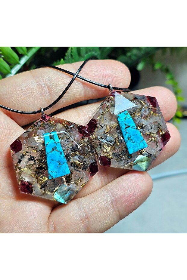 2-Piece Set - 2 Pieces - Turquoise Stone - Rutil Quartz Crystal Orgonite Necklace - 5 - (Only Hand Made)