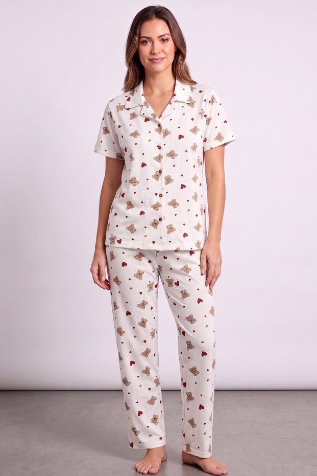 Women's Teddy Bear and Heart Patterned Short Sleeve Buttoned Pajama Set