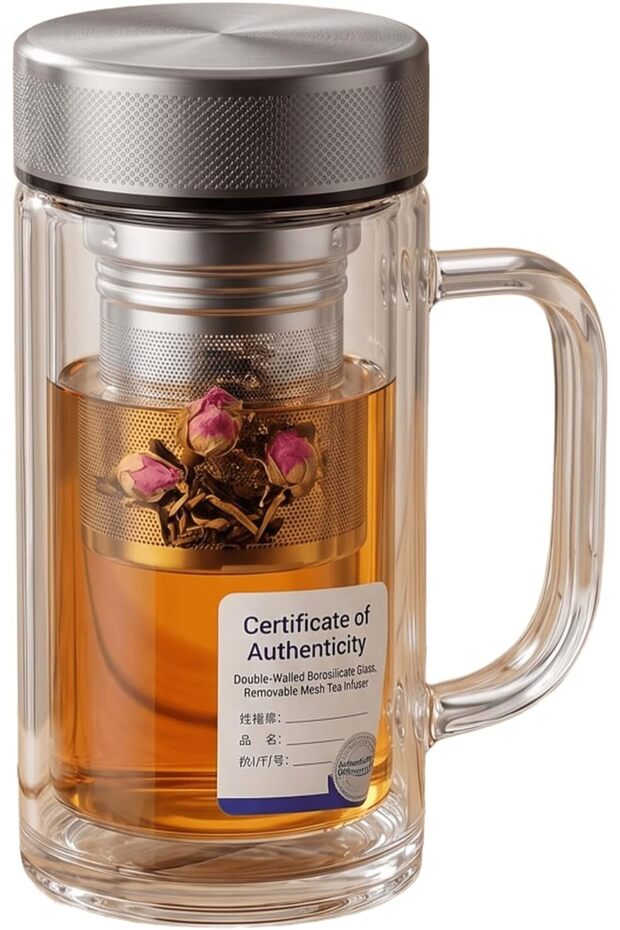 Double Wall Glass Mug with Lid and Handle, Clear