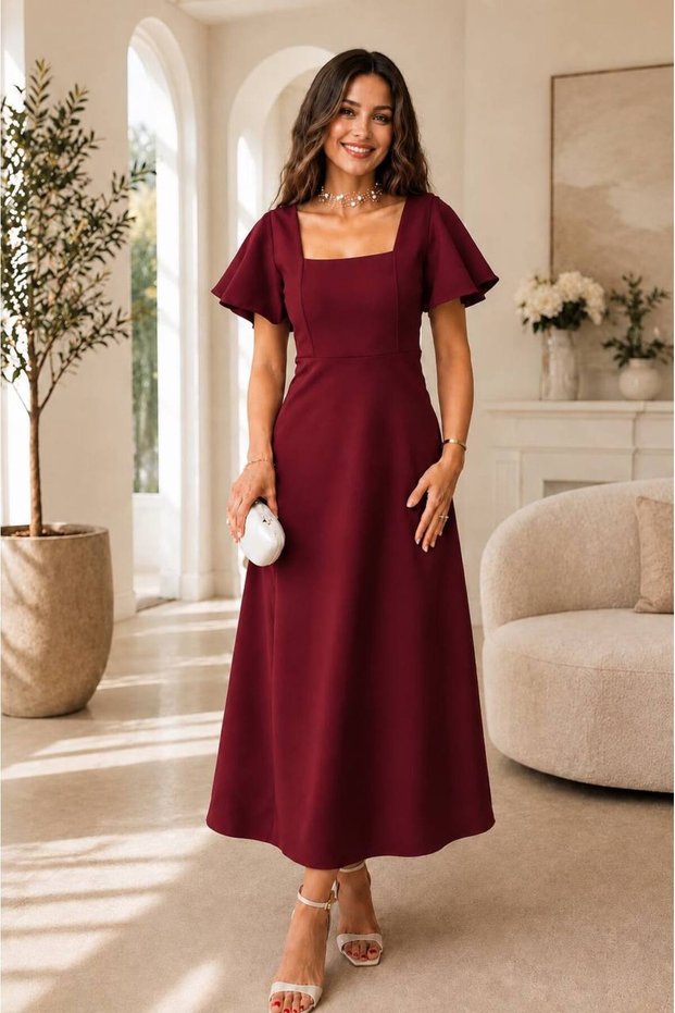Women's Square Neck Ruffle Sleeve Midi Dress