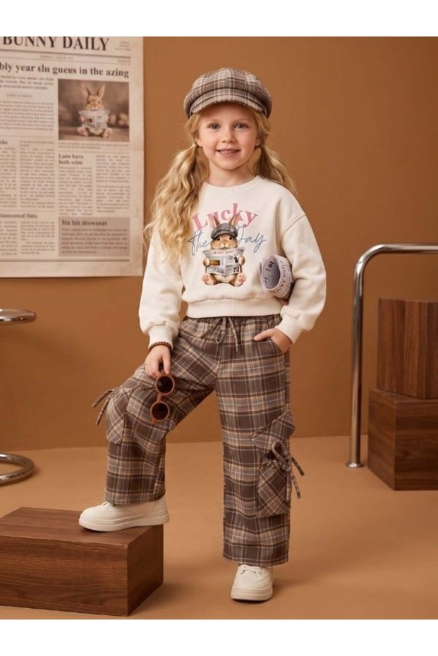 Girls' Rabbit Print Sweatshirt and Plaid Cargo Pants Set
