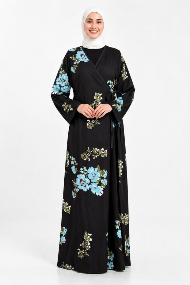 Women's Hijab Plus Size Mother Daughter Black Turquoise Patterned Prayer Dress