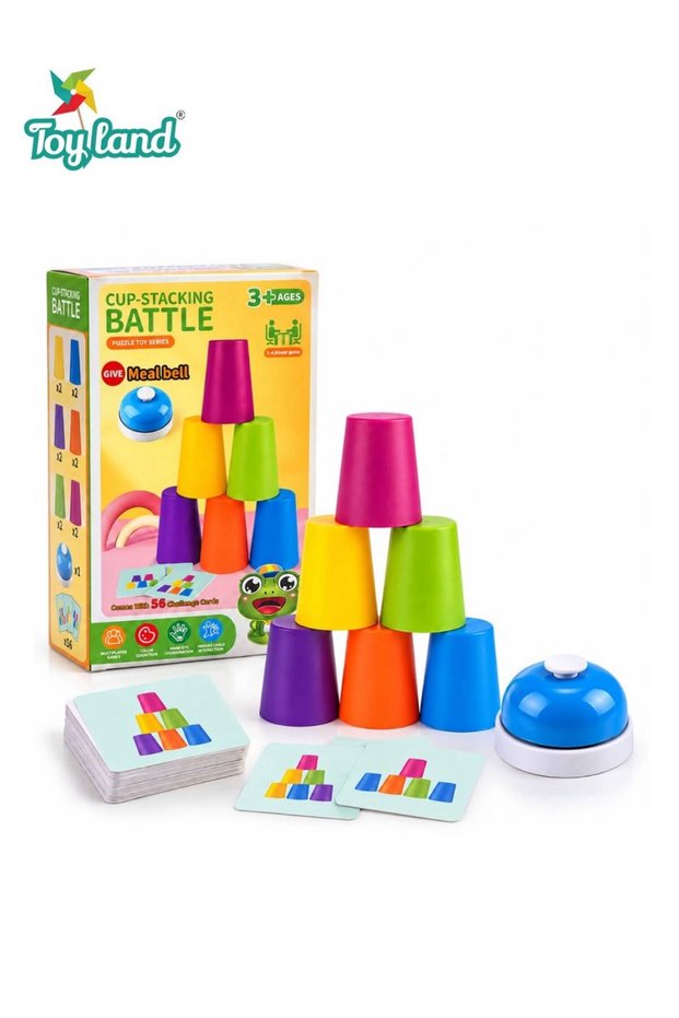 Kids Cup Stacking Battle Game with 12 Colourful Stacking Cups, 56 Challenge Cards & Bell, Speed Matching Puzzle Educational Family Party Game for 1–4 Players Ages 3+