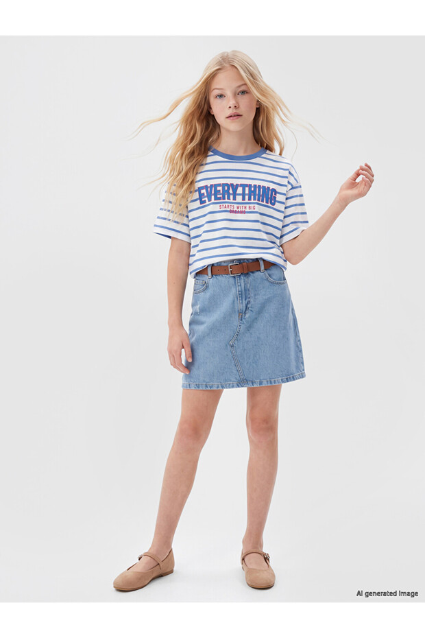 Regular Fit Belted Girls' Jean Skirt