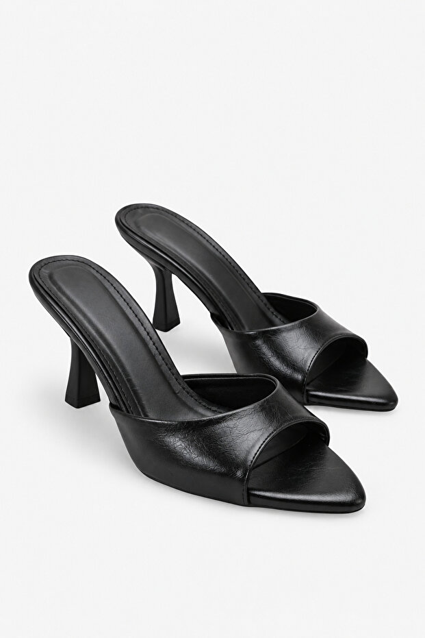 Black Heeled Slippers with Open Toe, Single Strap, Thin Heel, Stylish Slippers, Pointed Toe Heeled Slippers