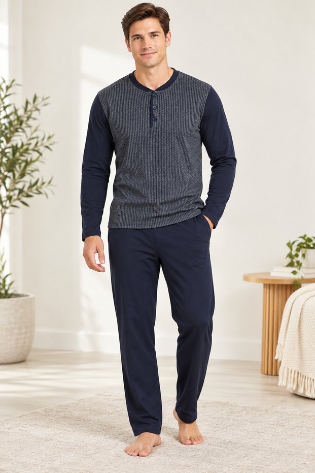 Men's Pajama Set. Jacquard. 100% Cotton. 30/1 Cotton Jersey Single Jersey. Button-Down Collar. With Pockets. Navy & Gray