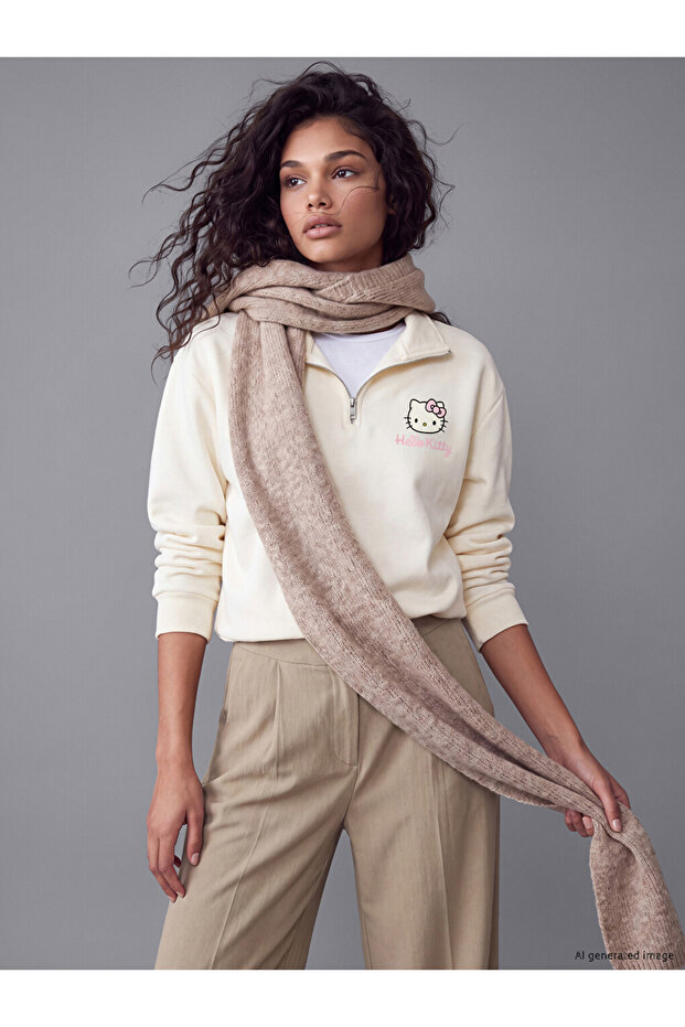 Vizyon New Season Beige Embroidered Oversize Women's Thick Sweatshirt
