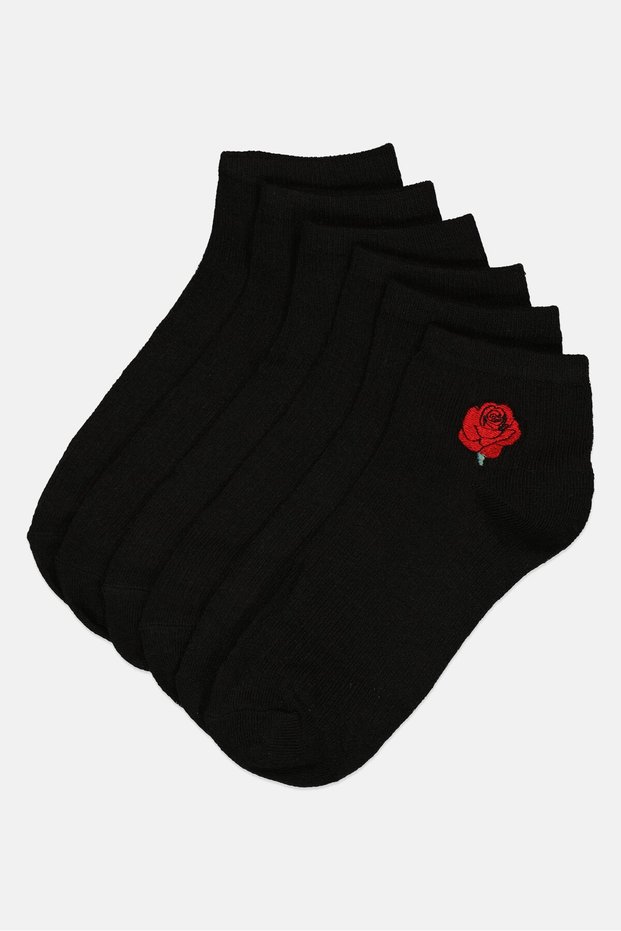 Women 6 Pairs Embroidered Quarter Socks, Black