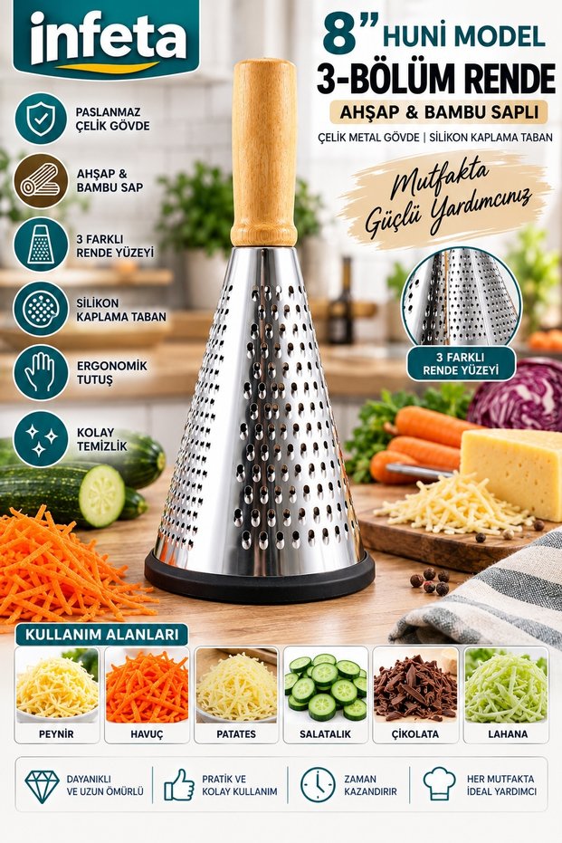 8 Inch 3 Section Steel Funnel Grater with Wooden Bamboo Handle Non-Slip Silicone Base