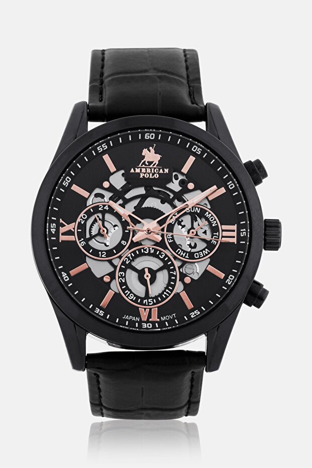 Men APBKBK112G Genuine Leather Analog Watch 43 mm, Black