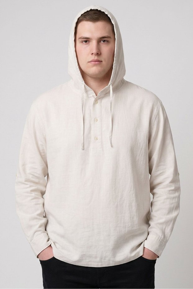 Men Regular Fit Plain Long Sleeve Hoodie, Beige