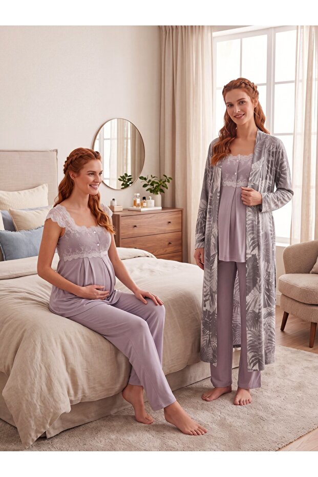New Season Gray Patterned Breastfeeding-Friendly Design Lace Detailed Wide Strap 100% Cotton Maternity Pajama Set