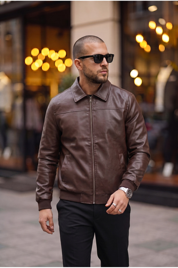 Basic Slim Fit Polo Collar Leather Jacket