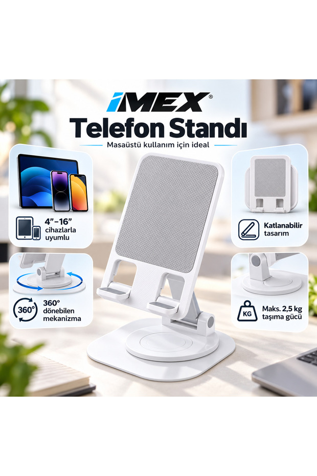 Foldable 360 ° Rotating Phone and Tablet Stand – Compatible with 4”–16”, Max. 2.5 kg Carrying Capacity