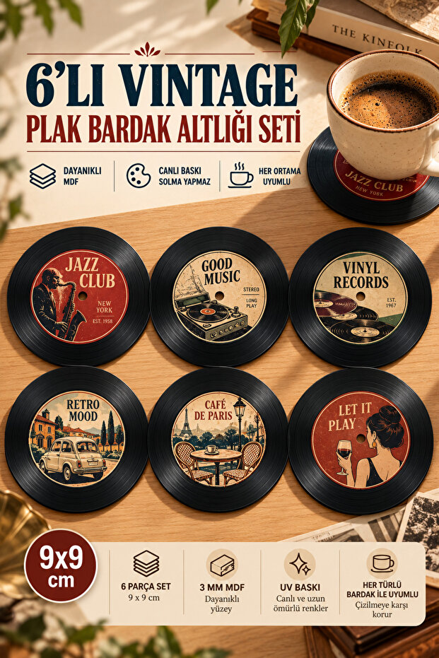 Retro Record Label Set of 6 Mdf Coasters | Retro Record Design 9X9 cm