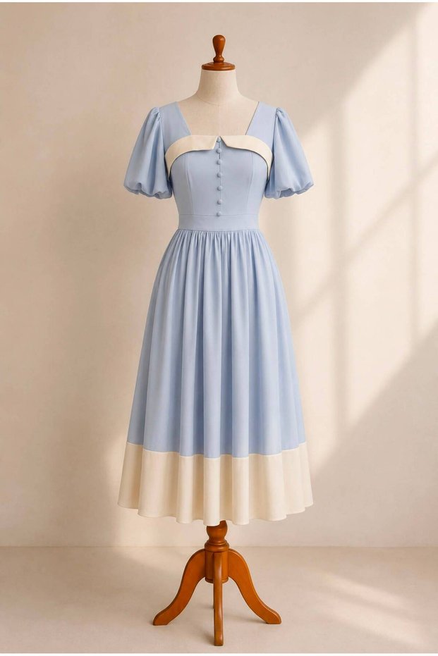 Blue Cream Lined Balloon Sleeve Romantic Vintage Midi Dress