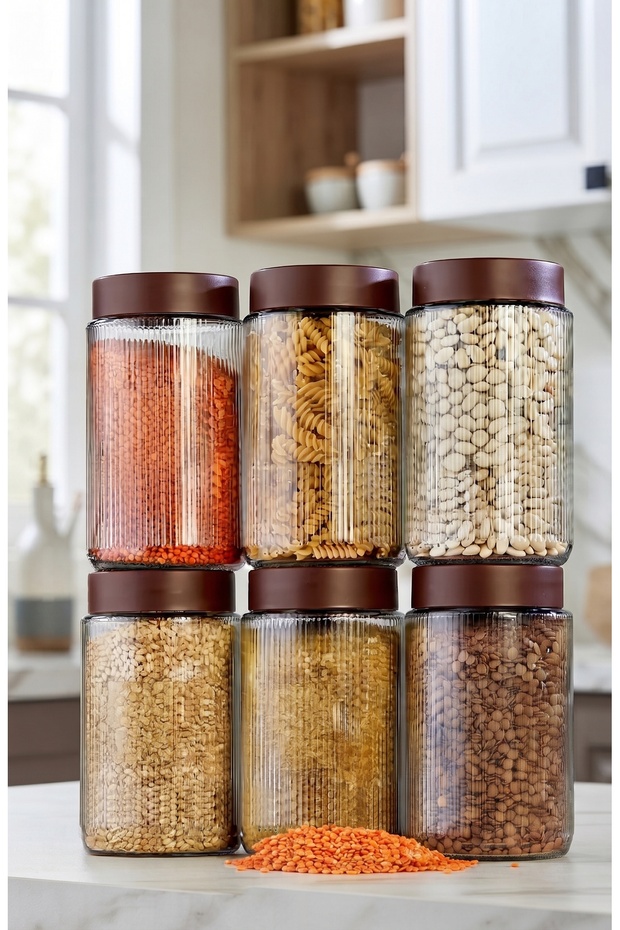 6'Li 1000 ml Plastic Lid Striped Glass Jar Set – Premium Design, Striped Detail, and Modern Food Storage Jar