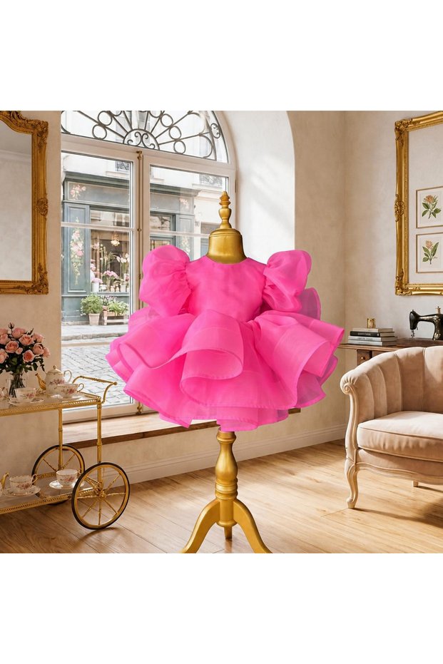 Girl's Dress Seker Pink Balloon Sleeve Bow Tutu Princess Birthday Party Dress-1