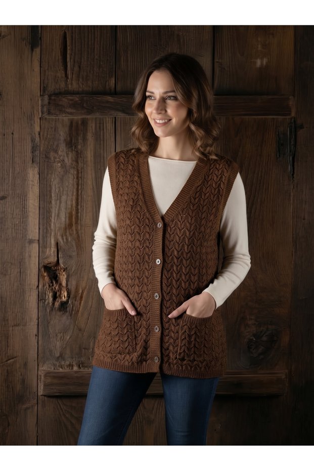 Mother's Vest Classic Patterned Knitted Wool Cotton Blend Vest with Pockets