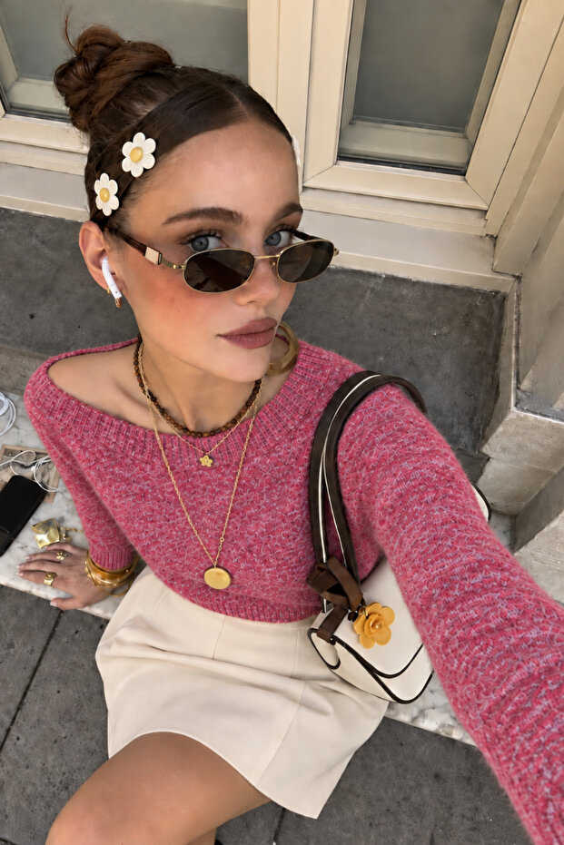 Women's Pink Melange Boat Neck Soft Textured Knitwear Sweater