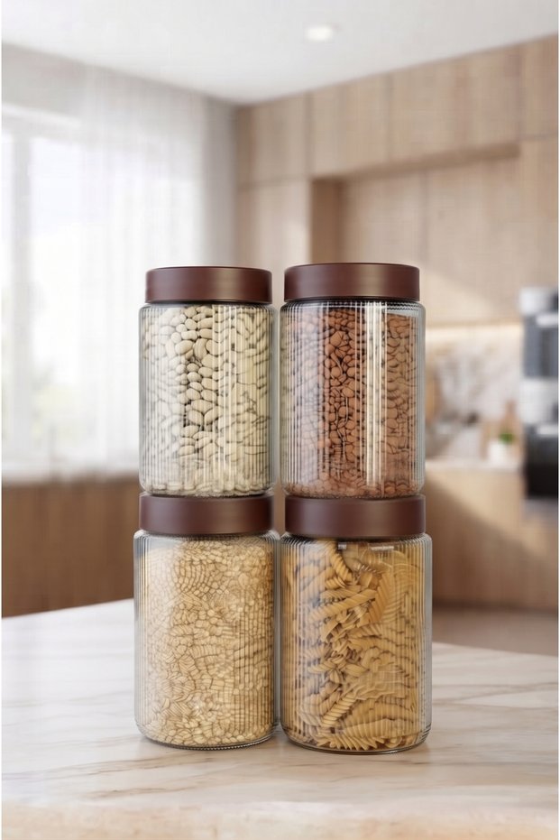 Set of 4 1000 ml Striped Glass Jars with Plastic Lids – Premium Design, Striped Detail, and Modern Food Storage Solution