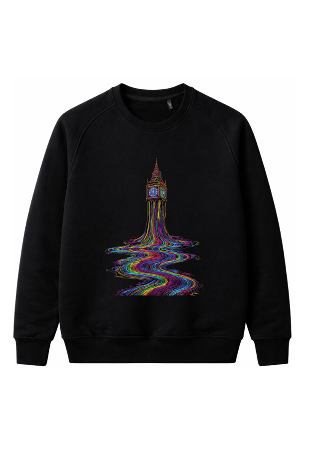 Embroidered Clock Tower Black Plain Sweatshirt Crew Neck Unisex Ribbed Sleeves and Hem Casual Sweatshirt