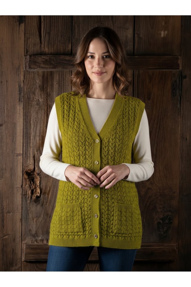 Mother's Vest Classic Patterned Knitted Wool Cotton Blend Vest with Pockets
