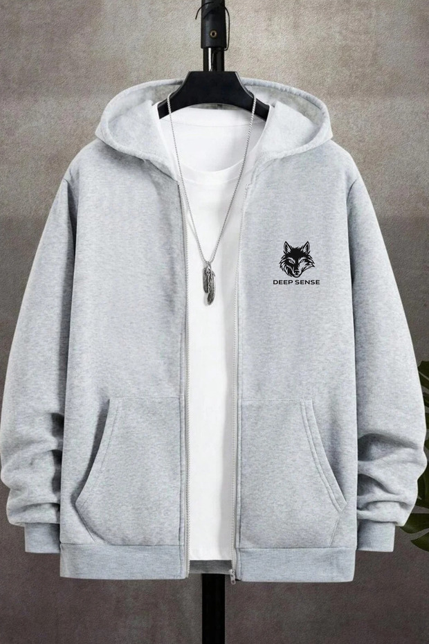 Men's Gray Winter Hooded Zipper Sweatshirt Jacket