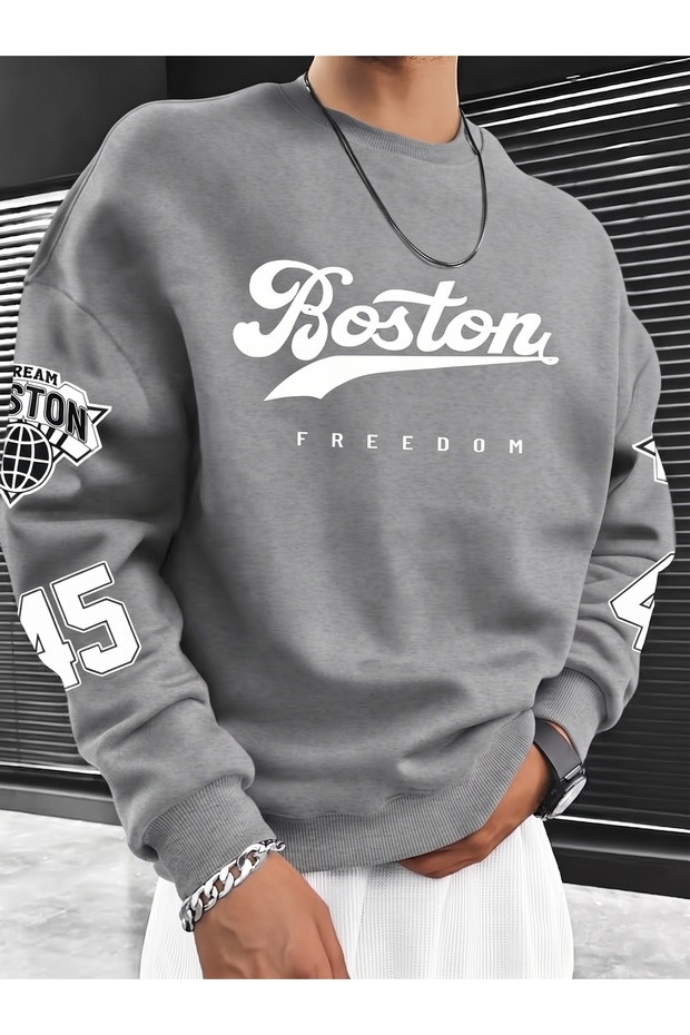 Boston Detail Printed 2 Thread Crew Neck Oversized Sweatshirt
