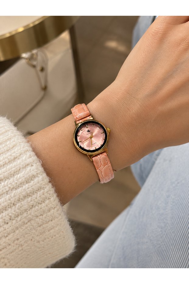 Wristwatch Pink Cord Gold Case Elegant Stylish Quartz Watch