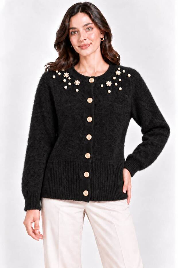 Women's Pearl Detailed 7-Button Crew Neck Feathered Knitwear Jacket