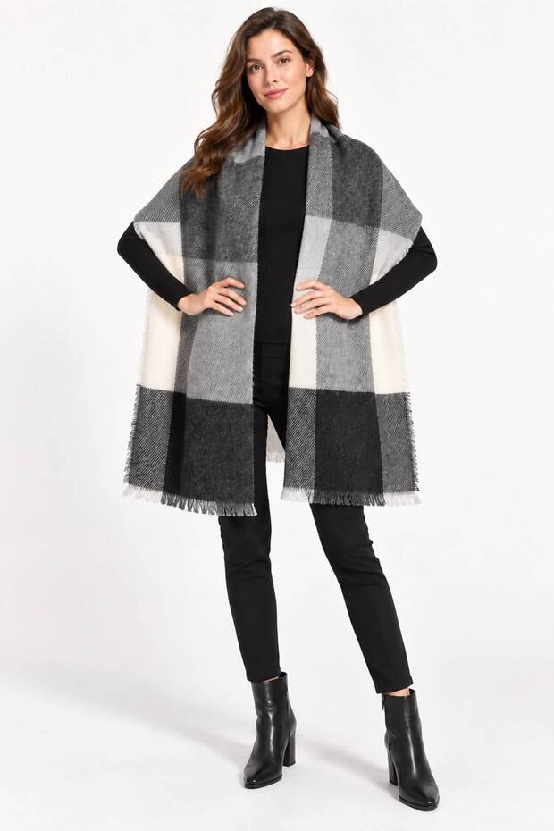 Women's Plaid Patterned Soft Textured Tasseled Knitwear Shawl