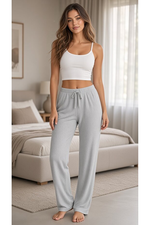 Women's Gray Ribbed Pajama Bottoms
