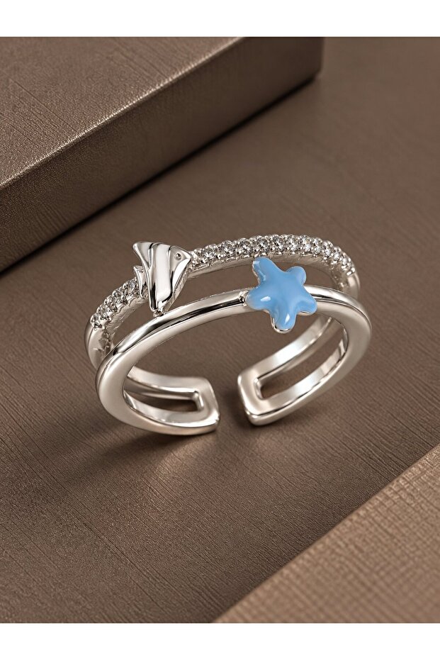Brass Silver Color 2 Piece Zircon Stone Blue Star Figure Adjustable Women's Ring
