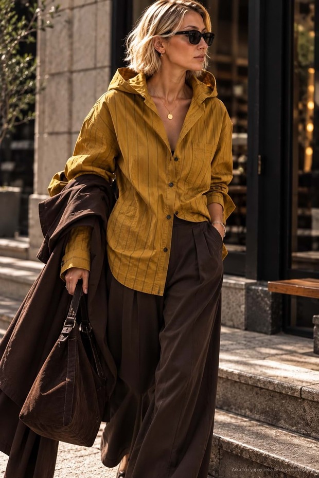 Nomad Striped Hooded Oversize Design Shirt - Mustard Stripe