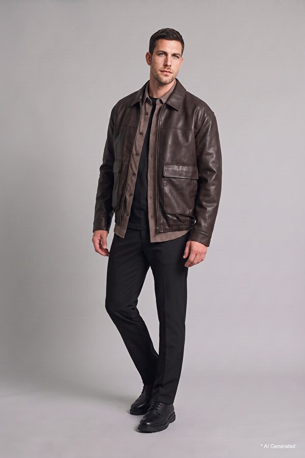 Oversize Shirt Collar Cover Pocket Zippered Faux Leather Coat I2307Ax26Au