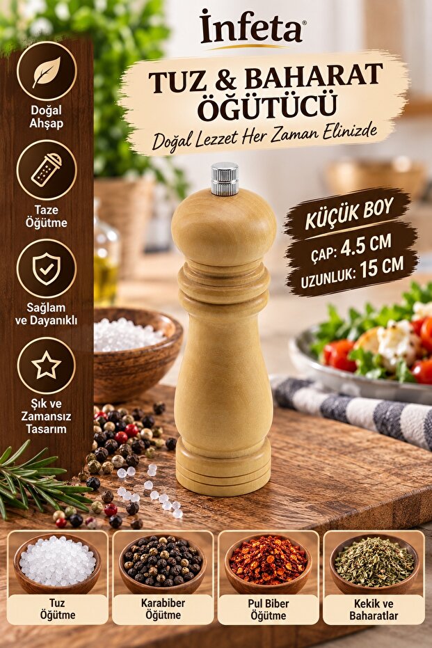 15 cm Wooden Salt and Spice Grinder with 4.5 cm Diameter Adjustable Grinding Mechanism
