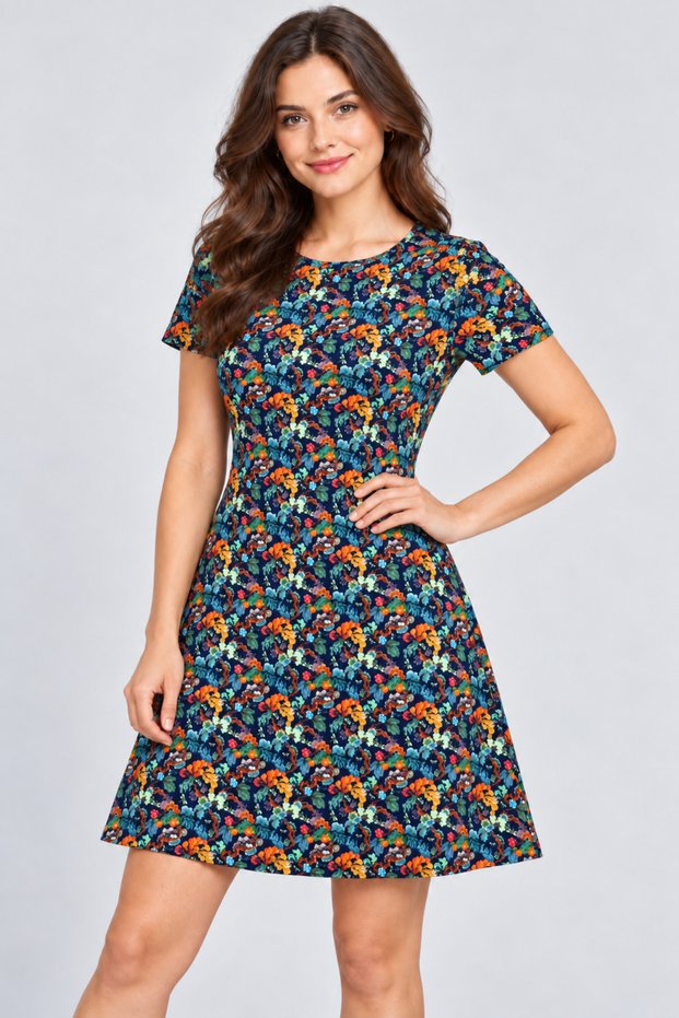 Women's Short Sleeve Pocket Retro Botanical Print Dress