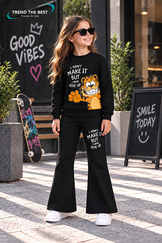 Winter, Spring, and Autumn Girls' Black Spanish Flared Bottoms and Black Sweat Top